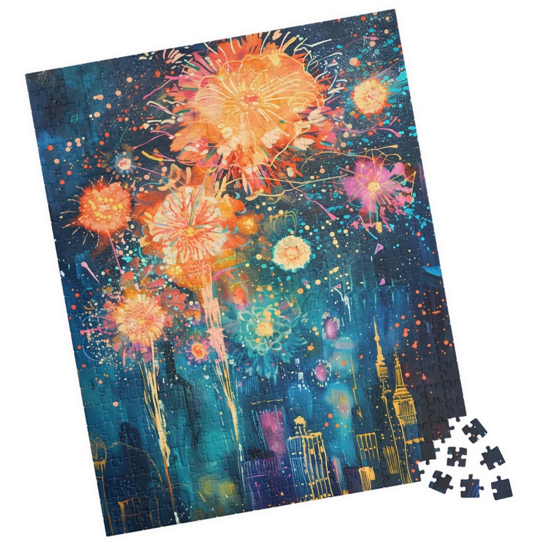 Abstract Fireworks over City Skyline at Night Celebration Art Print