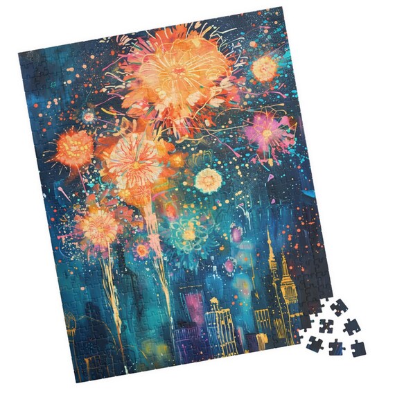 Abstract Fireworks over City Skyline at Night Celebration Art Print