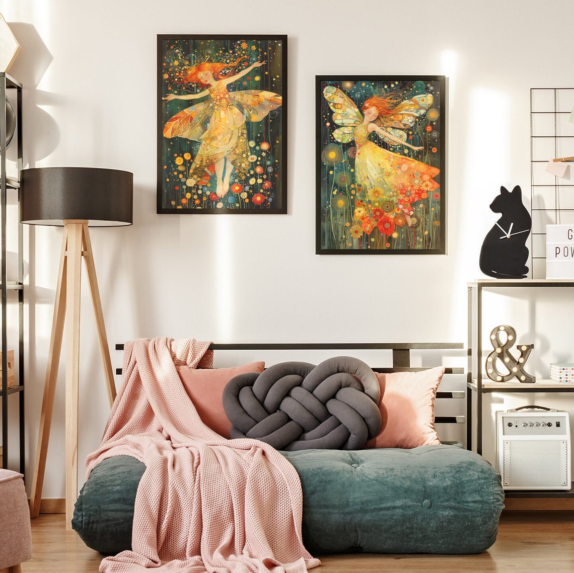 Red Haired Fairy Girl Dancing Joyfully Among Night Flowers Poster - Image 2