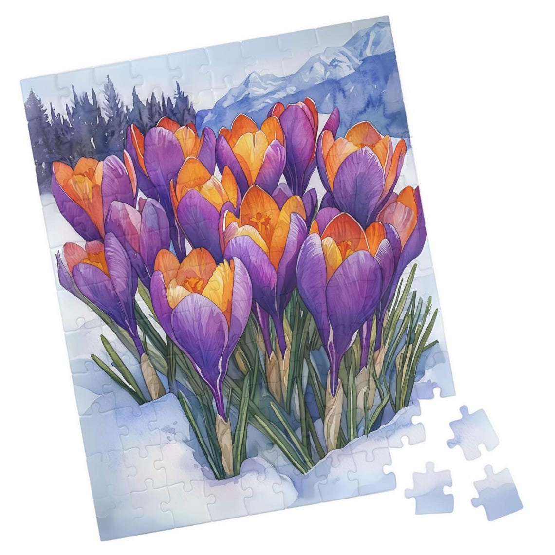 Purple Crocus Flowers In Snow Mountain Scene Jigsaw Puzzle Print