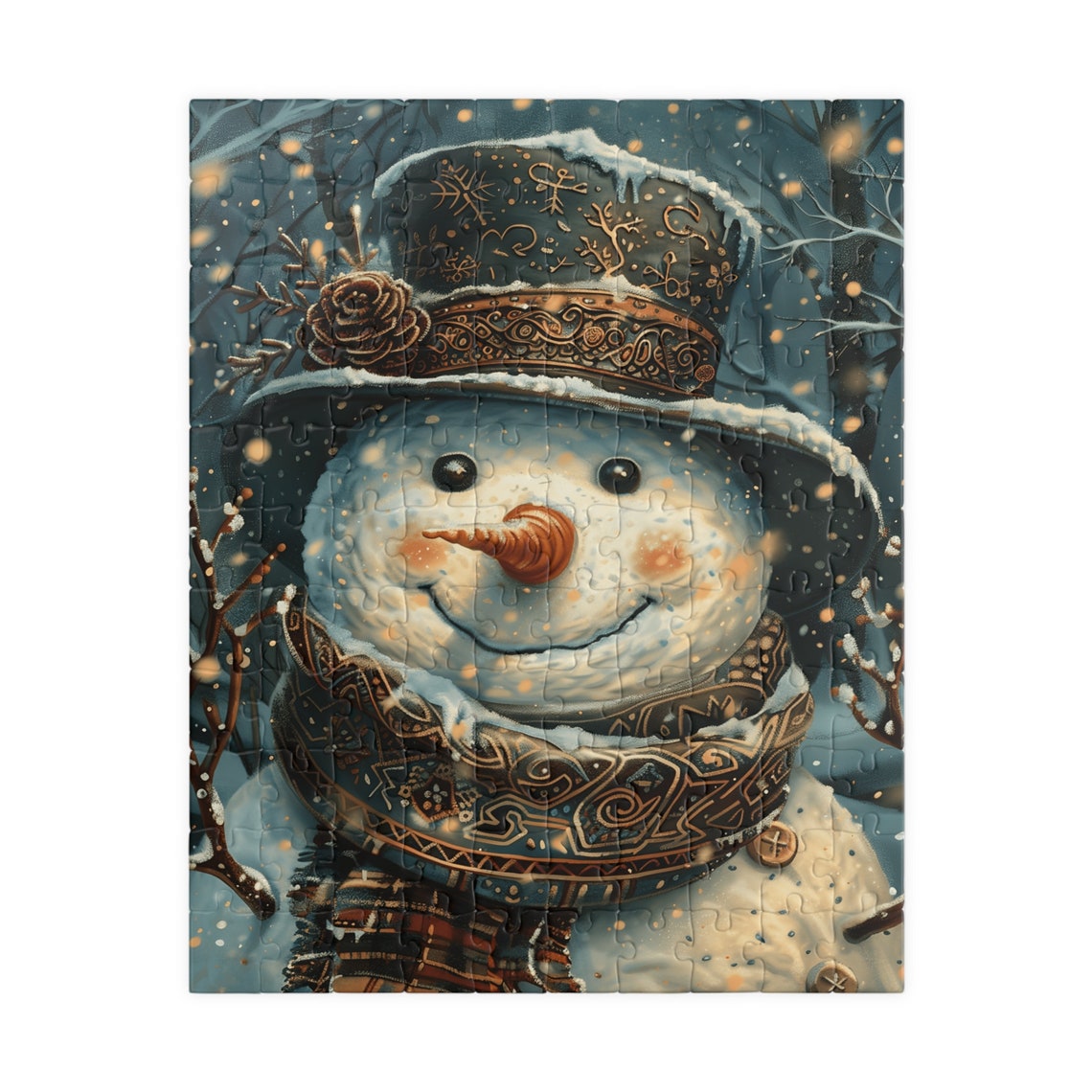 Frosted Snowman Portrait in Decorated Top Hat Snowy Night Poster - Image 5