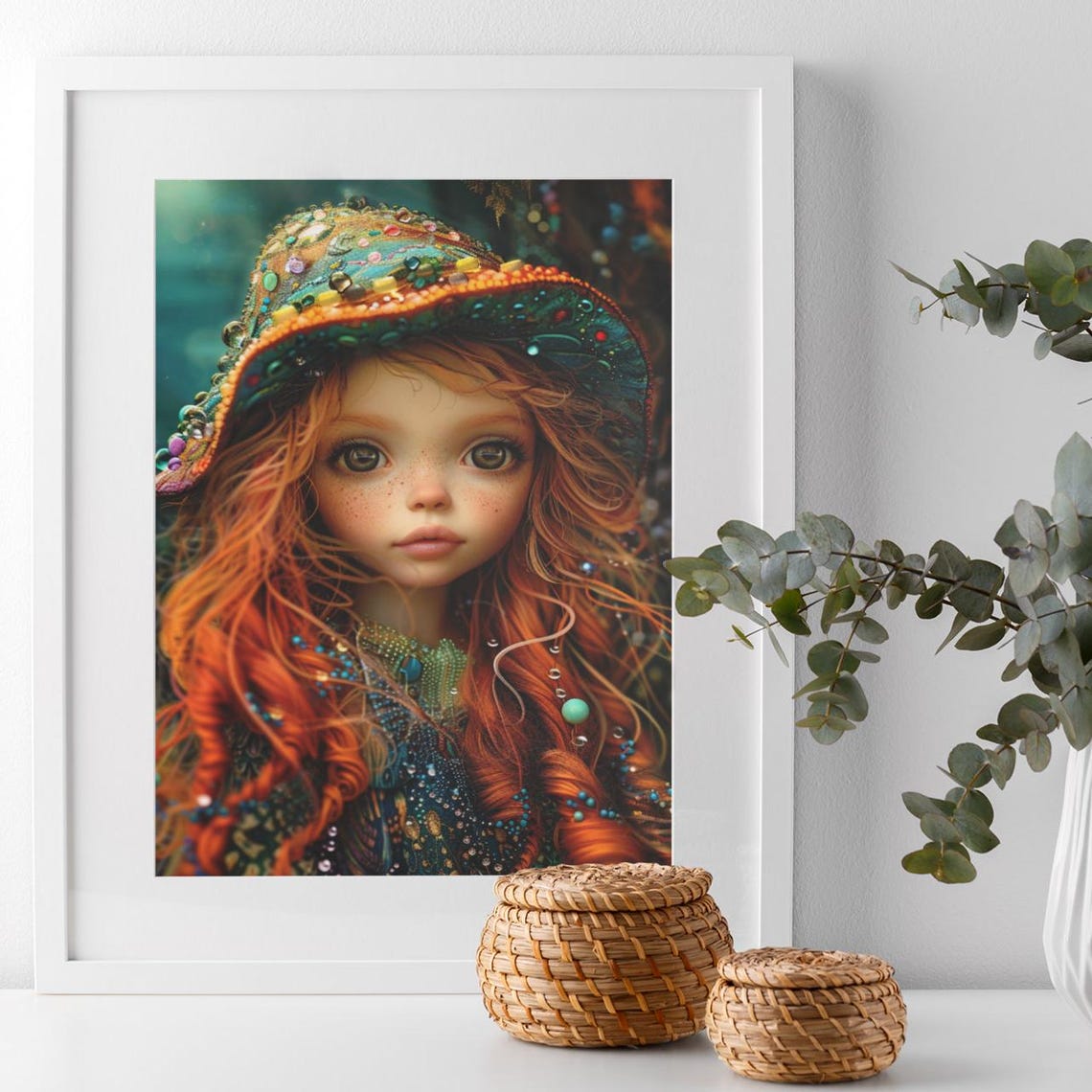 Whimsical Red Haired Doll Girl Bejeweled Hat Portrait Poster - Image 2