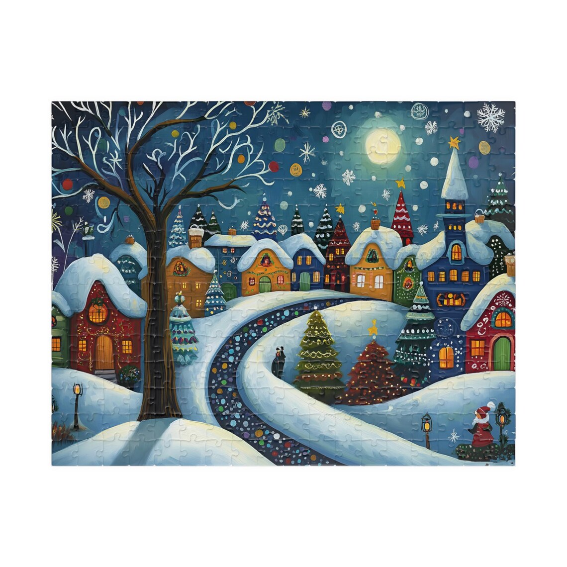 Moonlit Folk Art Christmas Village Snowy Cottages Night Art Poster - Image 5