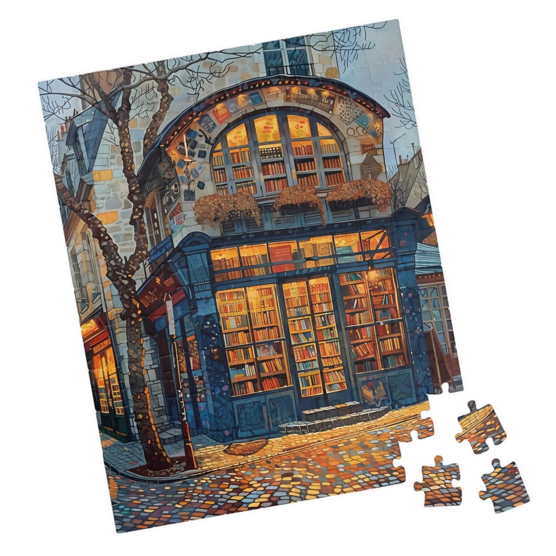 Parisian Bookstore At Dusk Cozy Street Scene Jigsaw Puzzle Print
