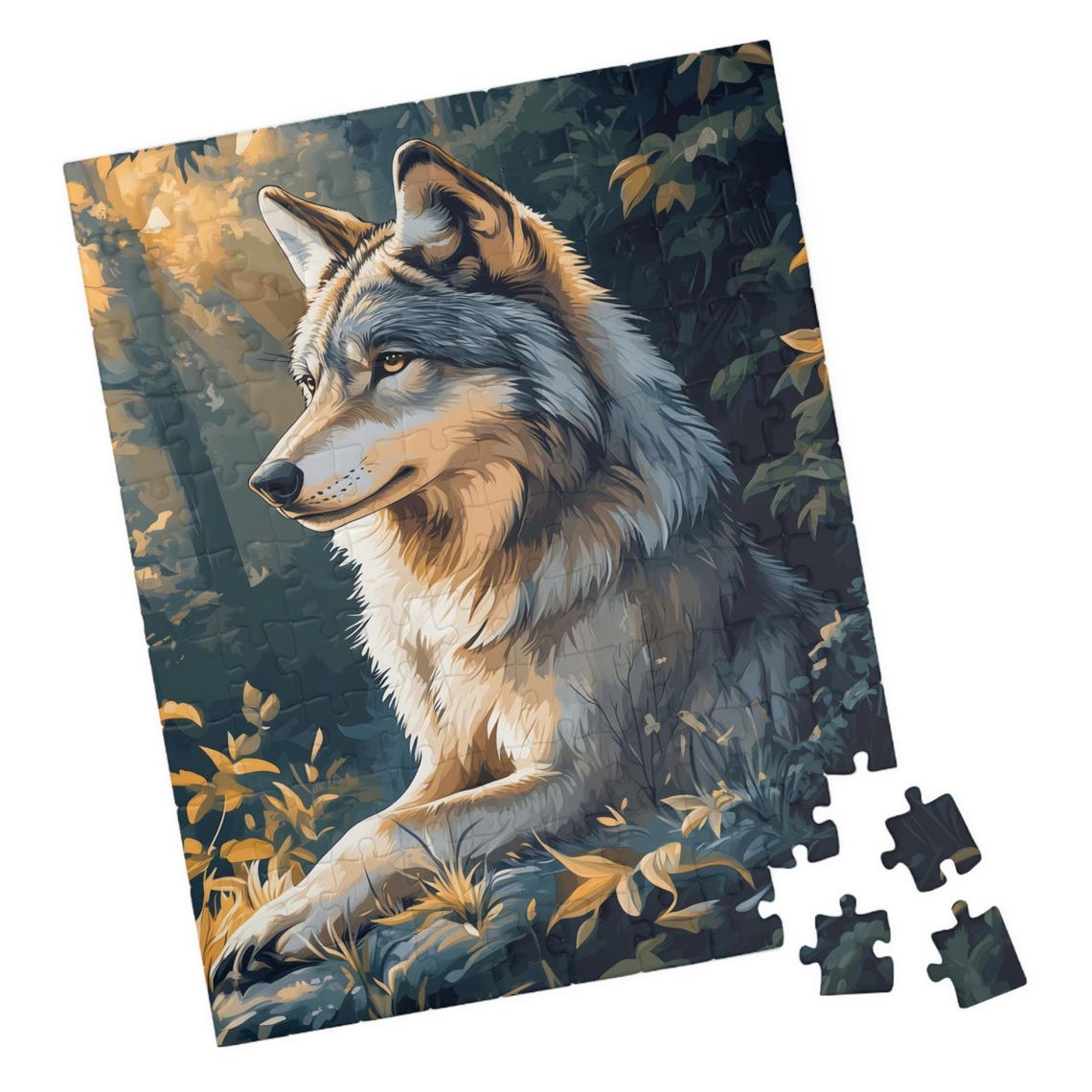 Majestic Gray Wolf Resting Alone in a Golden Autumn Forest Poster
