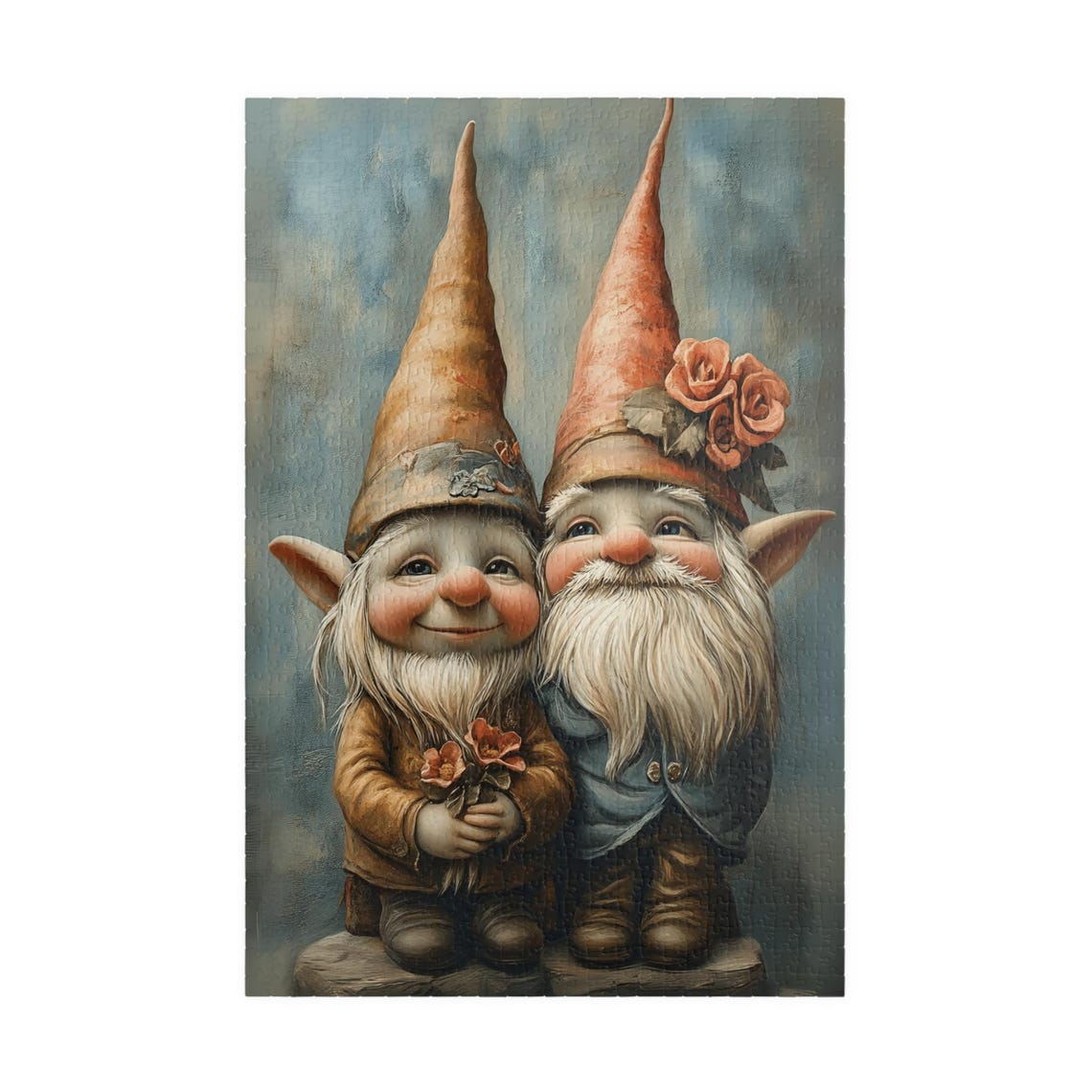 Sweet Gnome Couple Tall Pointy Hats Roses Rustic Folk Art Poster - Image 3