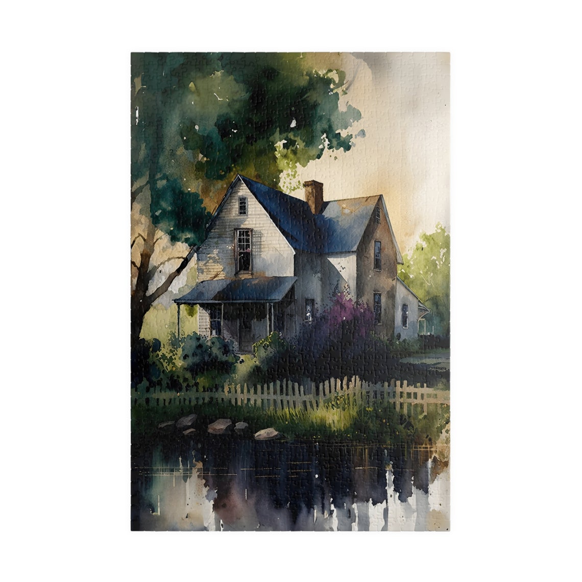 Watercolor Farmhouse Pond Picket Fence Country Home Art Poster - Image 3