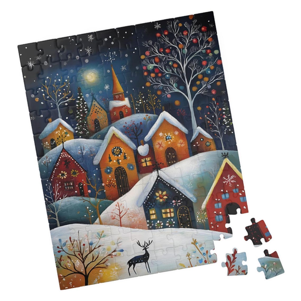 Moonlit Snowy Village Church Deer Folk Art Winter Night Poster