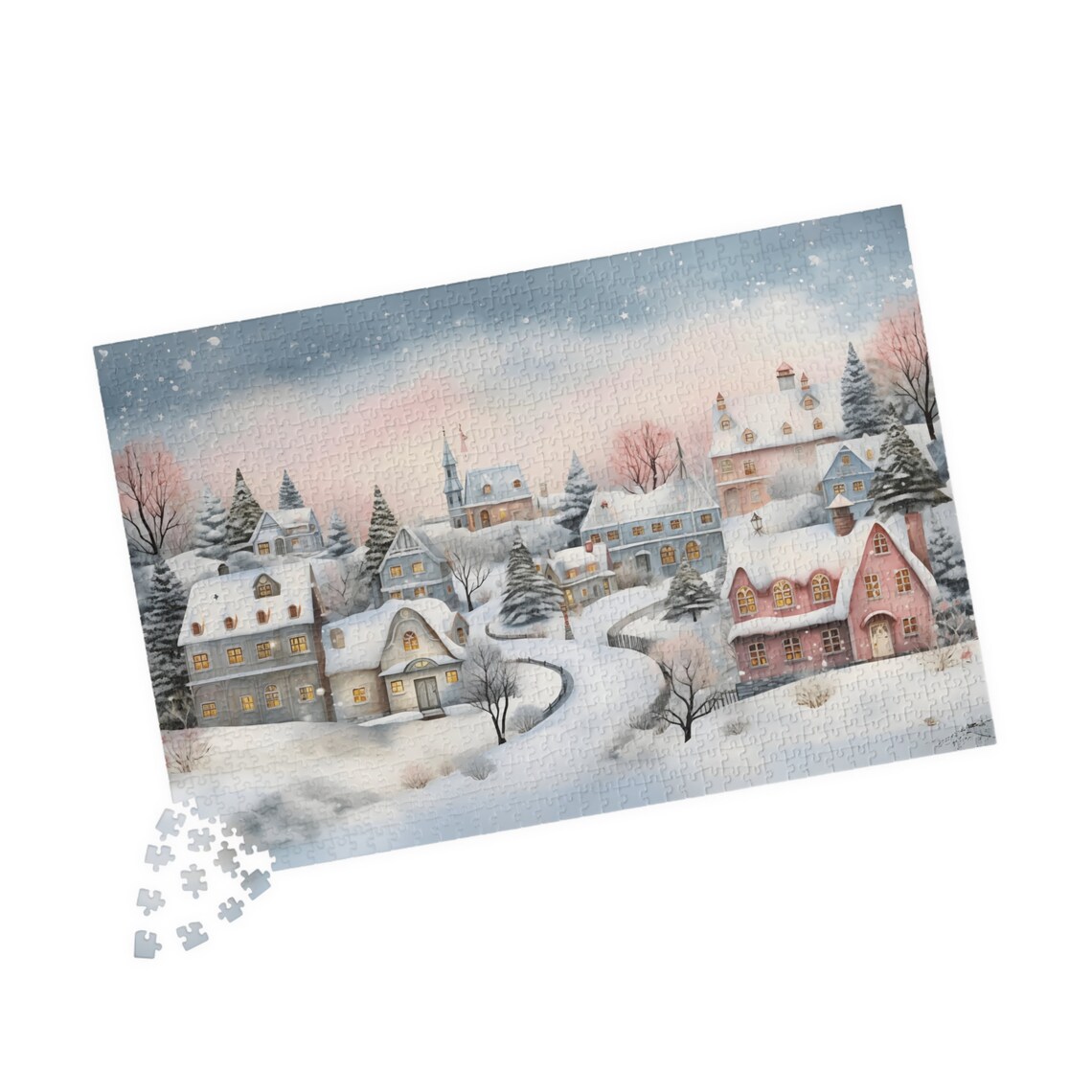 Snowy European Village Pastel Houses Church Winter Art Poster - Image 4
