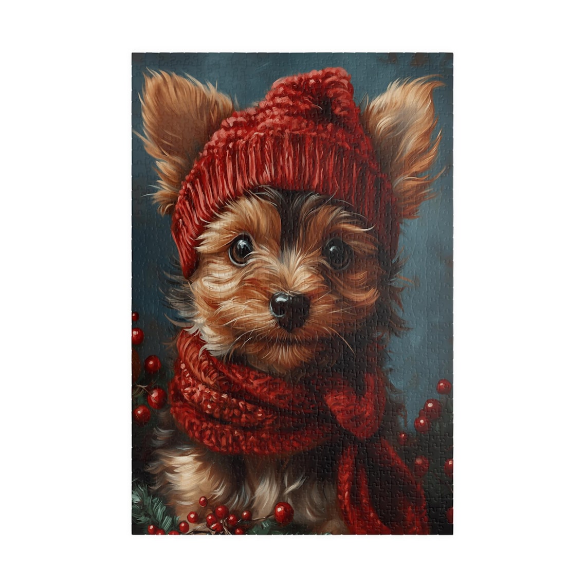 Adorable Yorkie Puppy In Red Knit Hat And Scarf Portrait Art Poster - Image 3
