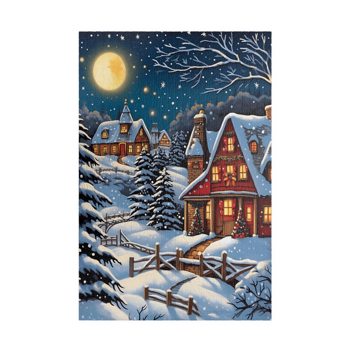 Moonlit Snow Covered Village with Glowing Red Cottage Night Poster - Image 3