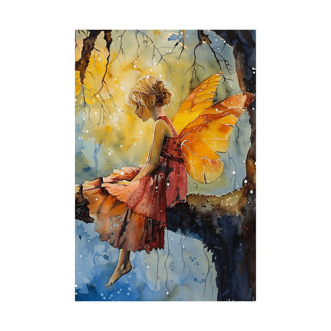 Twilight Fairy with Glowing Wings Resting on a Tree Branch Poster - Image 3