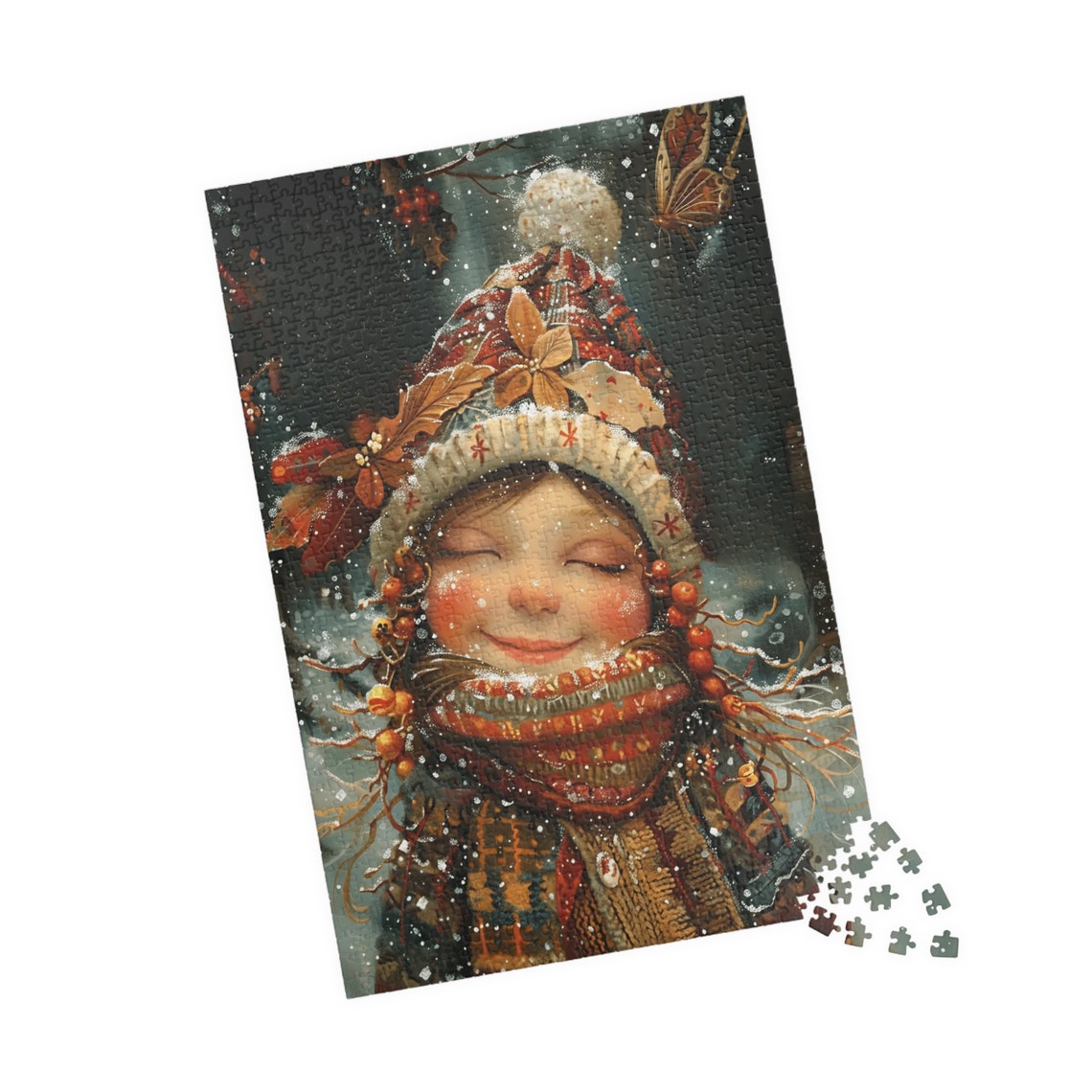 Smiling Girl in Festive Winter Hat and Scarf in Falling Snow Poster - Image 4