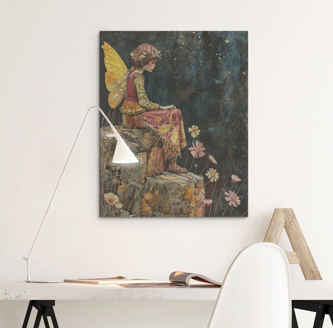 Night Forest Fairy Sitting on Rock Yellow Wings Cosmos Art Poster