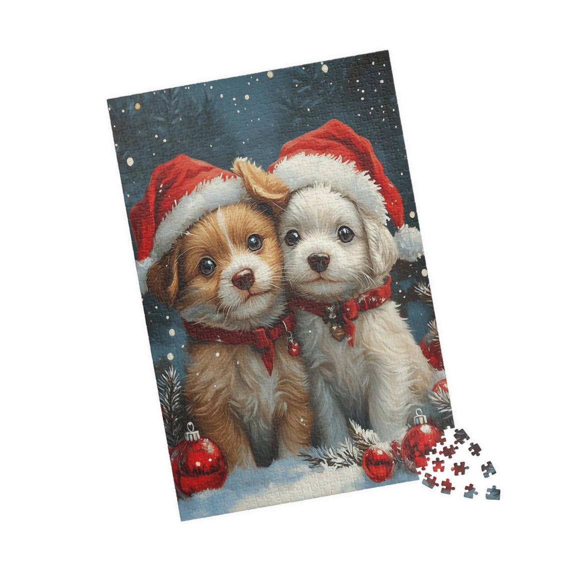 Two Puppies in Santa Hats and Red Scarves Christmas Night Dog Poster - Image 4