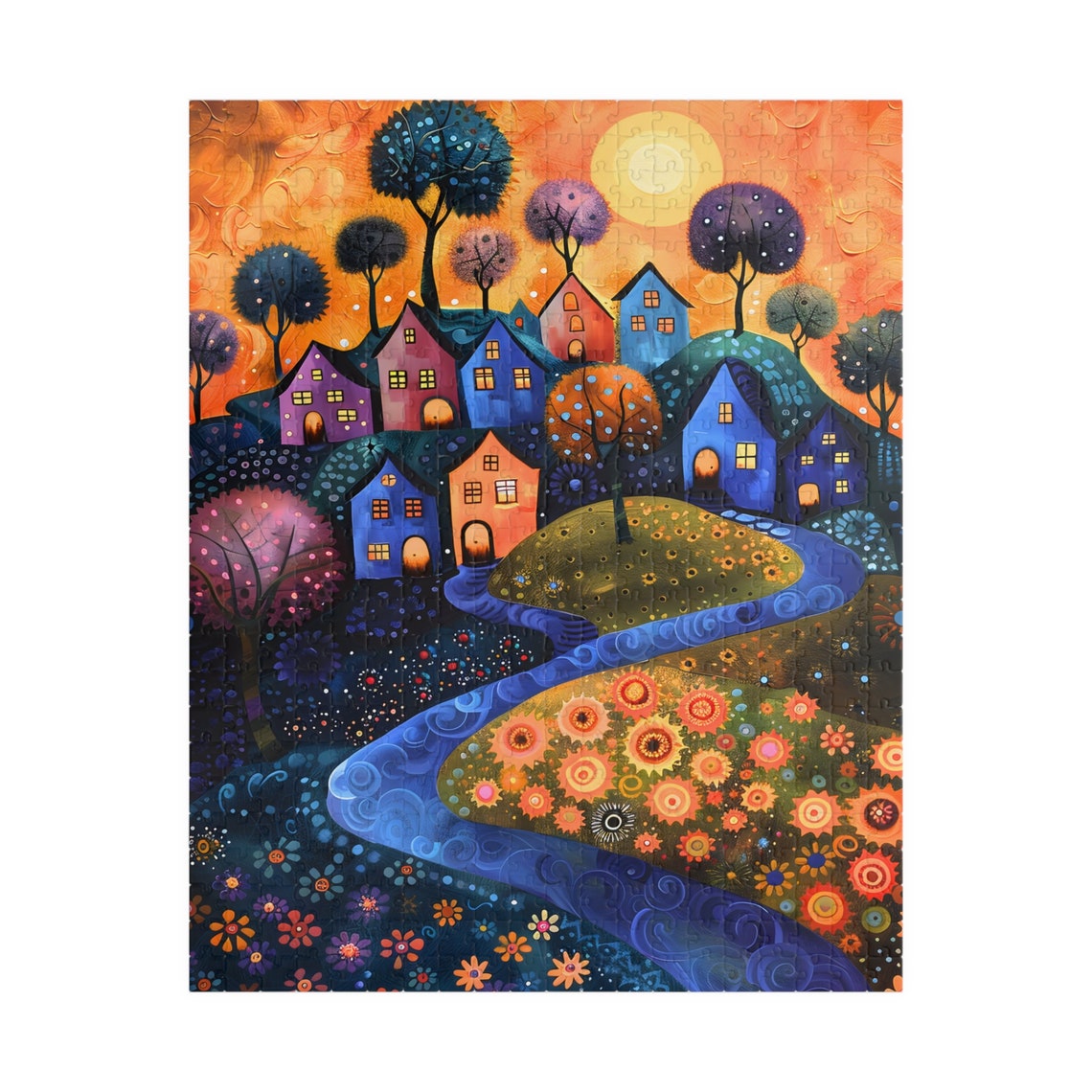 Whimsical Folk Art Village at Sunset with River and Flowers Poster - Image 5