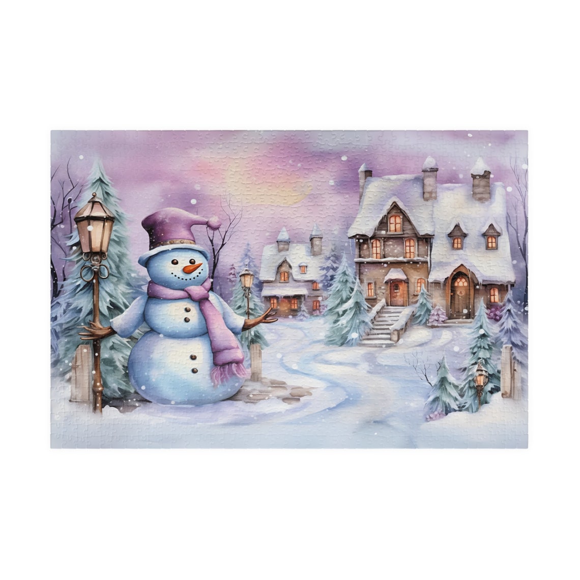 Snowman in Snowy Village Dusk Glowing Windows Winter Art Poster - Image 4