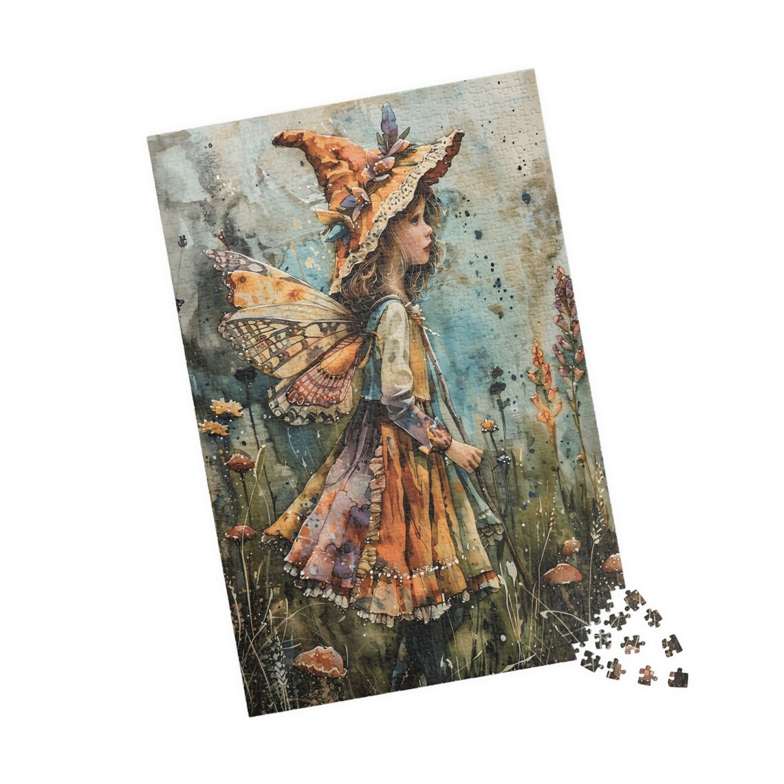 Watercolor Fairy Girl Floppy Hat Butterfly Wings Field Poster - Image 4