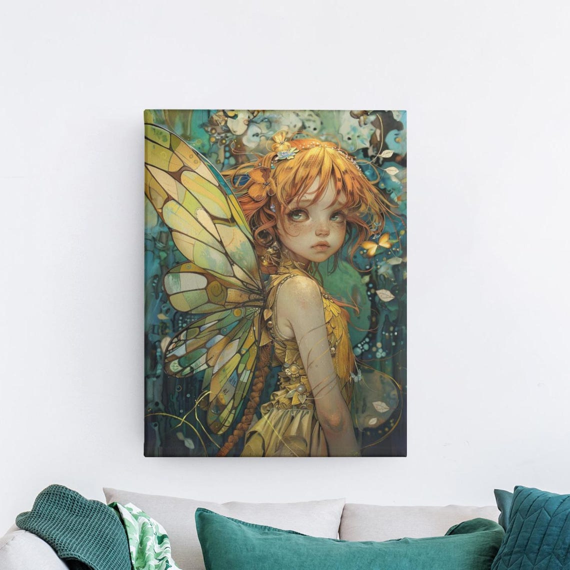 Red Haired Fairy Girl with Golden Wings Enchanted Forest Poster