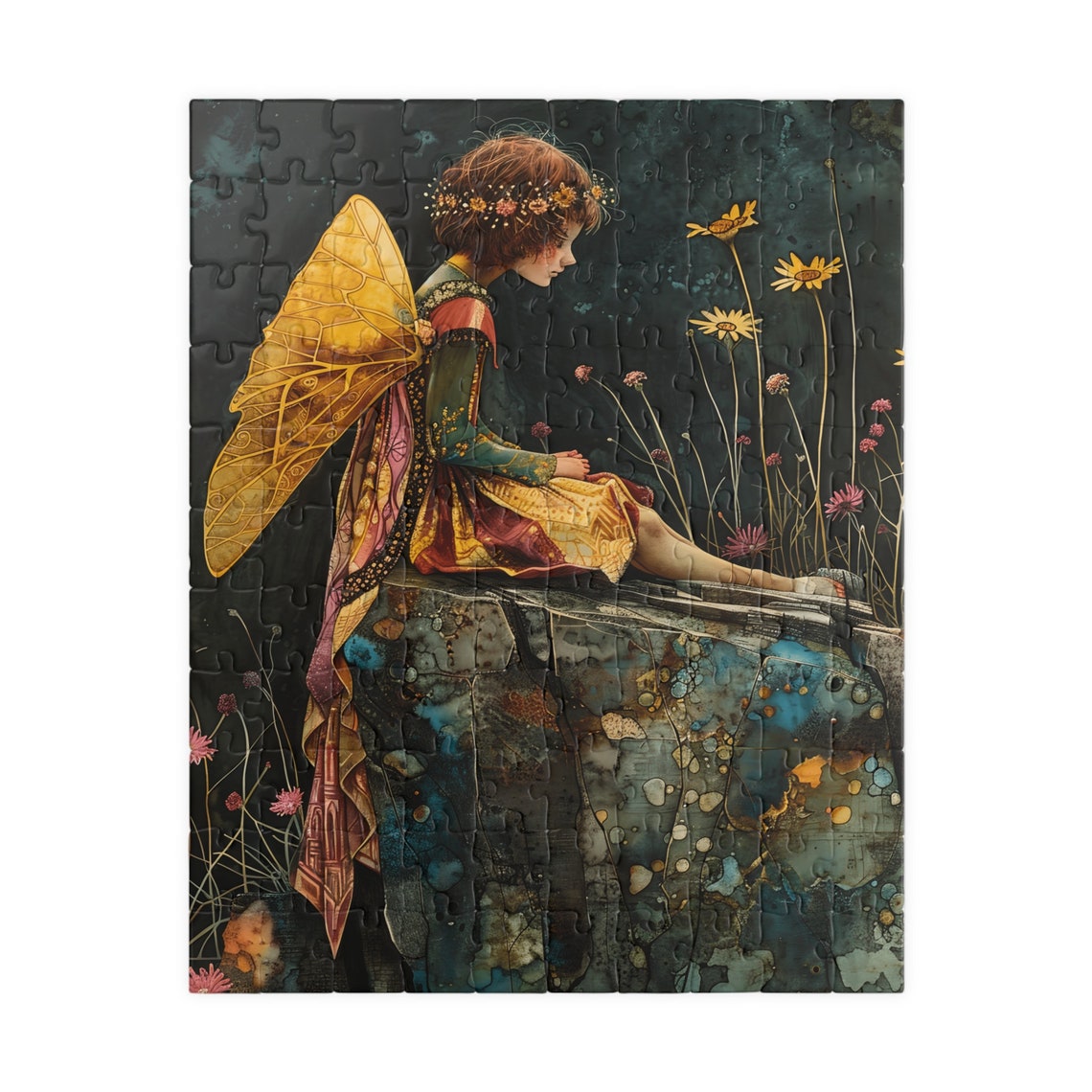 Golden Winged Fairy Sitting on Stone Ledge Dark Floral Art Poster - Image 2