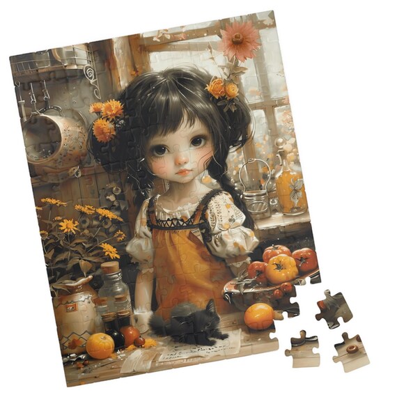 Little Girl in Rustic Fall Kitchen with Black Kitten and Harvest Poster
