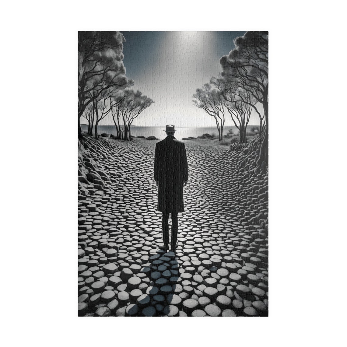 Surreal Black and White Man Walking a Stone Path to the Sea Print - Image 5
