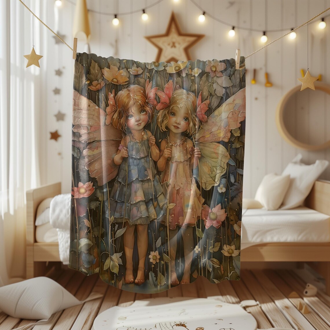 Two Little Pastel Fairies Holding Hands in a Flower Field Poster