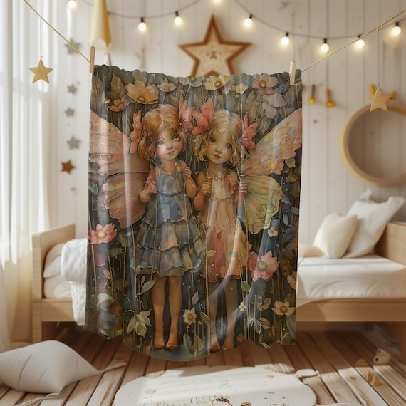 Two Little Pastel Fairies Holding Hands in a Flower Field Poster