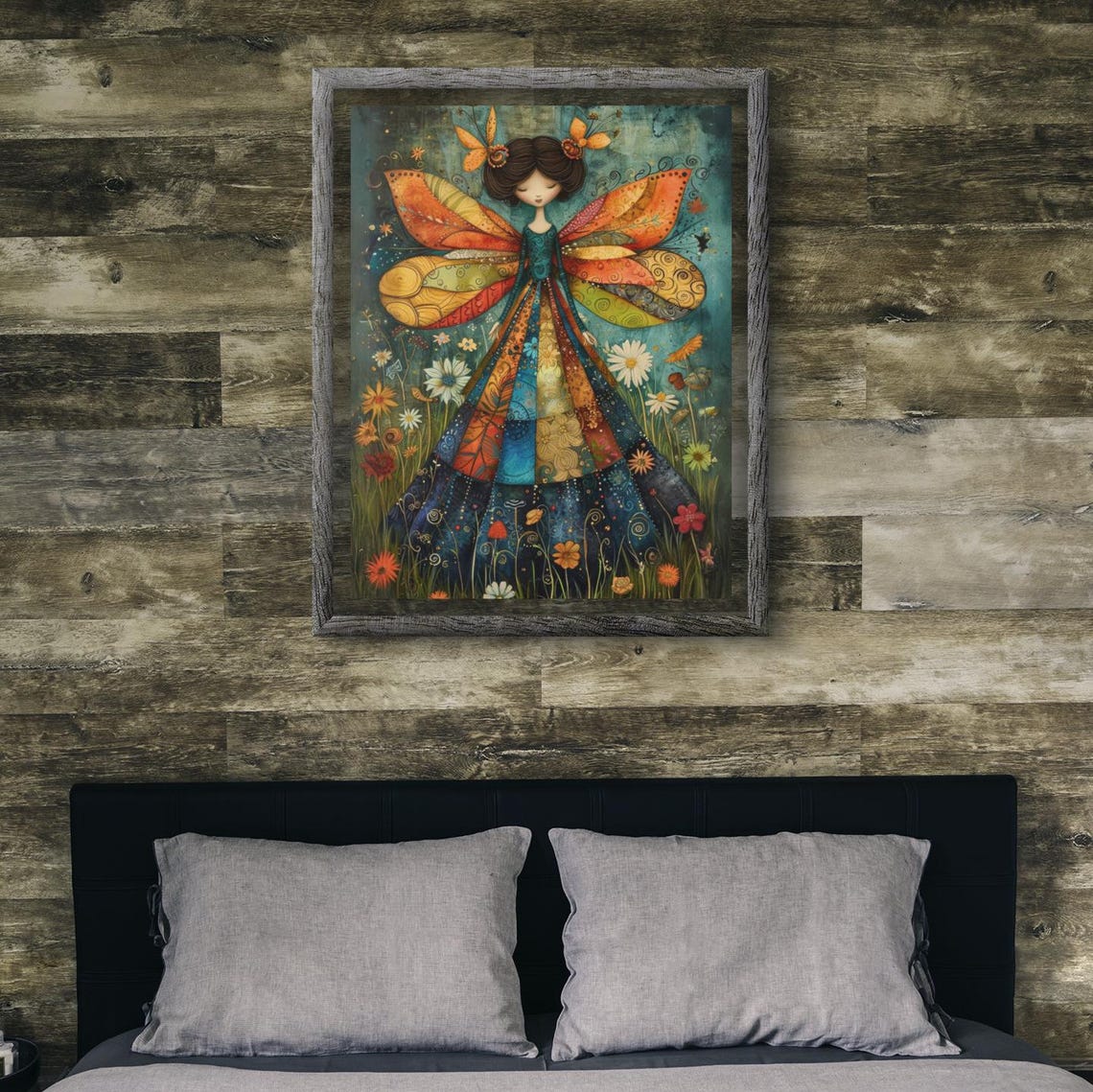 Serene Patchwork Butterfly Fairy Folk Art Framed Painting Poster - Image 2