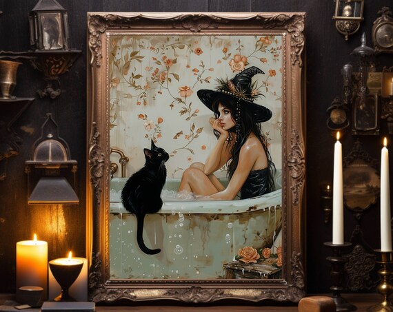 Pensive Witch Bathing In A Tub With A Black Cat Light Art Poster