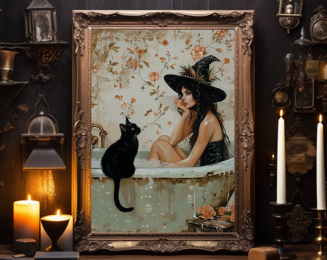 Pensive Witch Bathing In A Tub With A Black Cat Light Art Poster