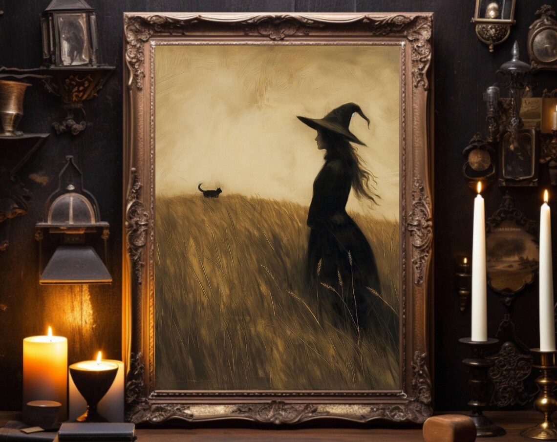 Witch In A Field With Black Cat, Halloween Art Print