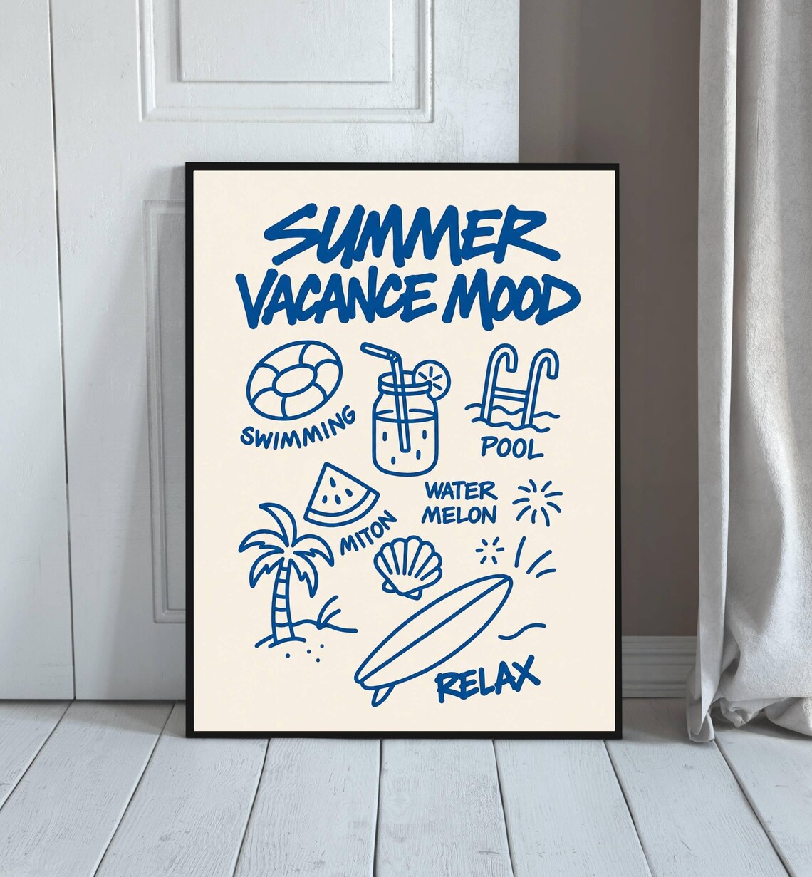 Summer Vacance Mood Blue Line Art Surf Pool Relax Vintage Style Poster