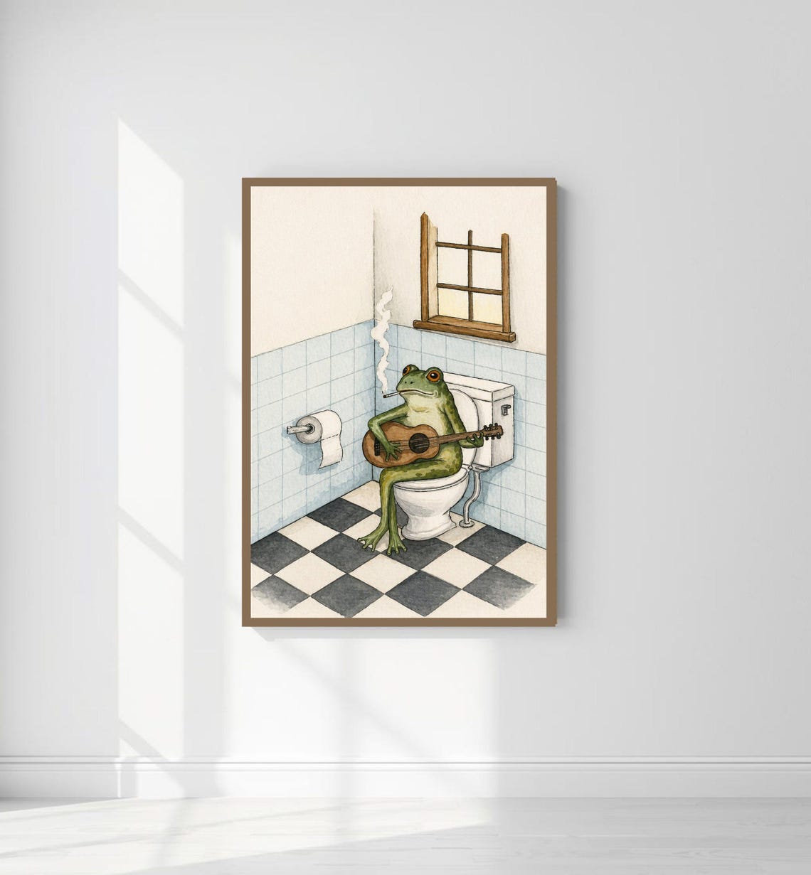 Quirky Frog Playing Guitar On Toilet Whimsical Bathroom Artwork Poster