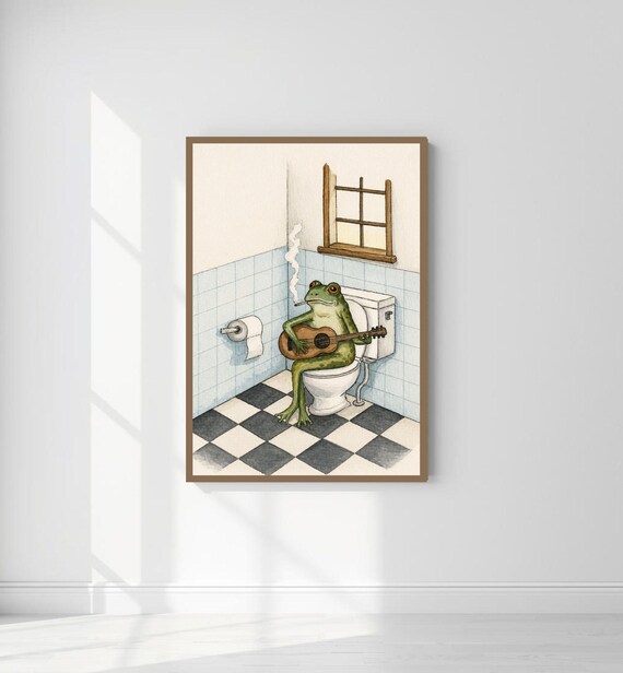 Quirky Frog With Guitar In Bathroom Wall Art Print Whimsical Playing Poster Funny Animals Toilet