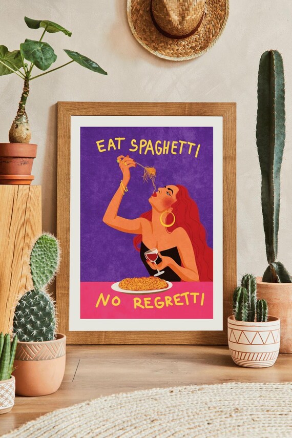 Eat Spaghetti No Regretti Wall Art Funny Kitchen Poster Pasta Print Italian Food Quote Home Decor