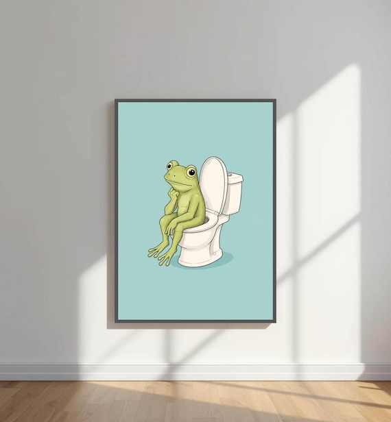 Cartoon Frog Sitting On A Toilet Against Bright Teal Background Poster