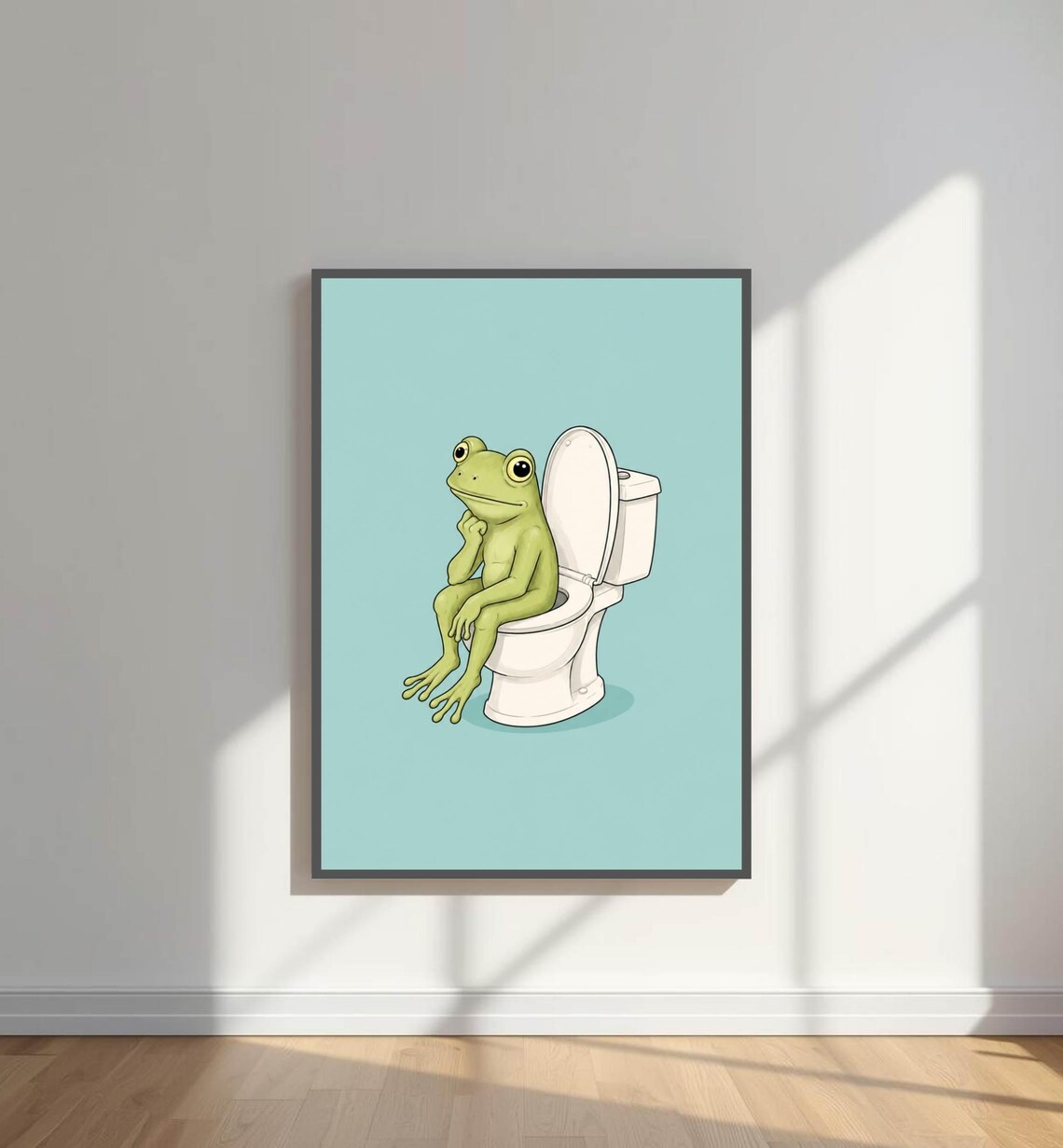 Cartoon Frog Sitting On A Toilet Against Bright Teal Background Poster