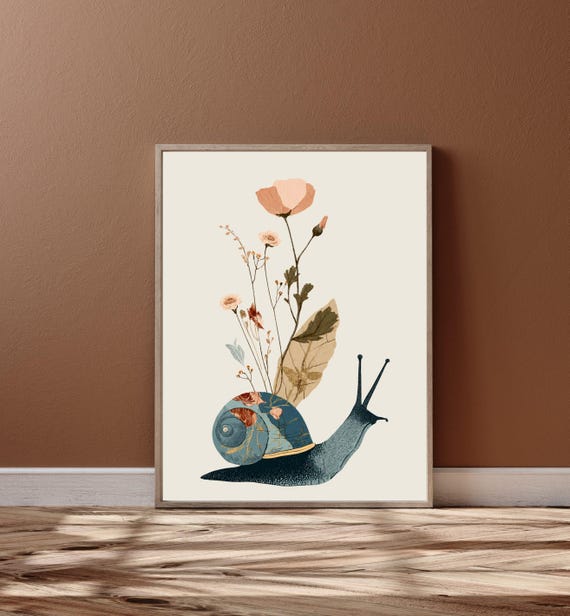 Botanical Snail Art Print, Cottagecore Vintage Nature