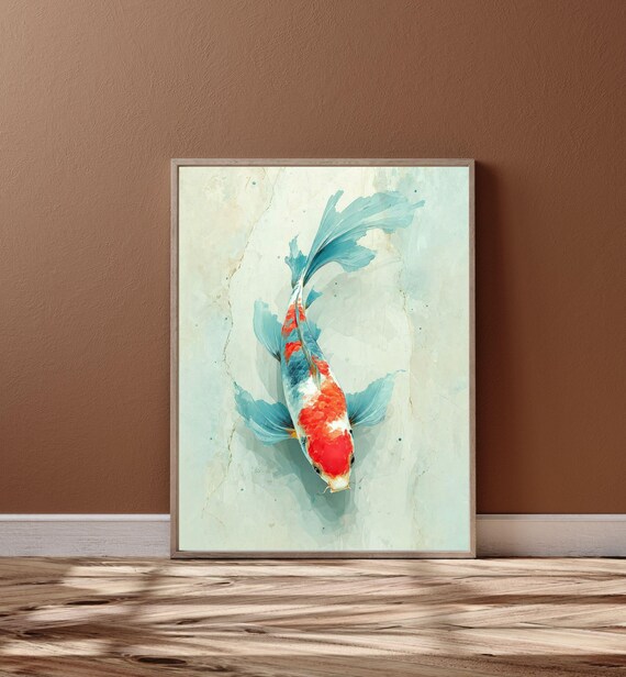 Koi Fish Wall Art Print, Japanese Watercolor Poster