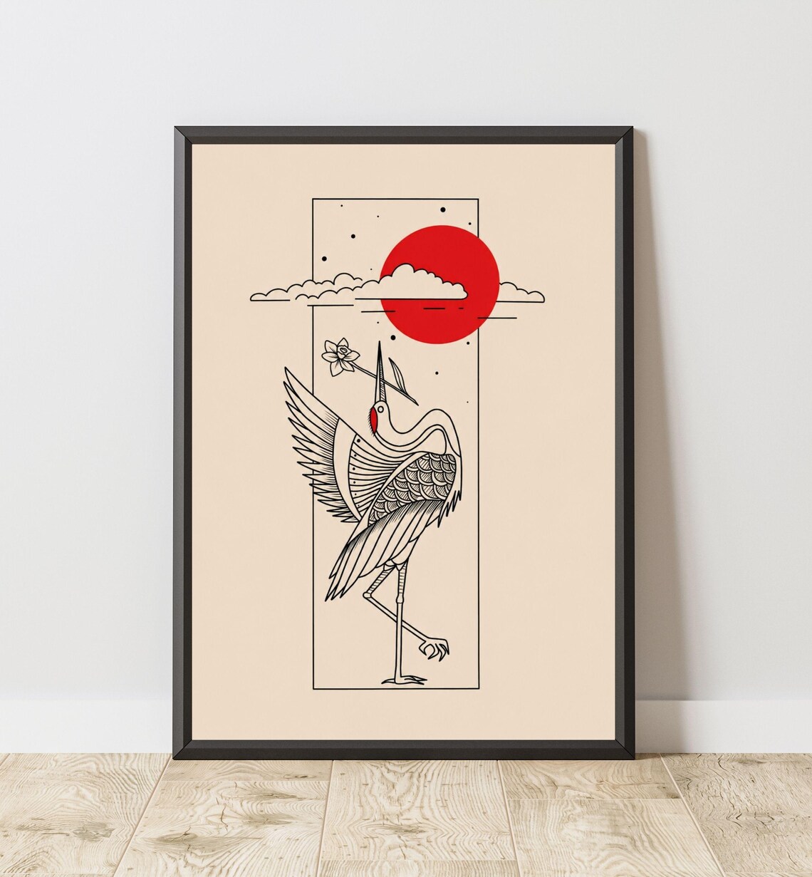 Japanese Crane Minimalist Art Print, Japandi Decor