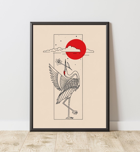 Japanese Crane Minimalist Art Print, Japandi Decor