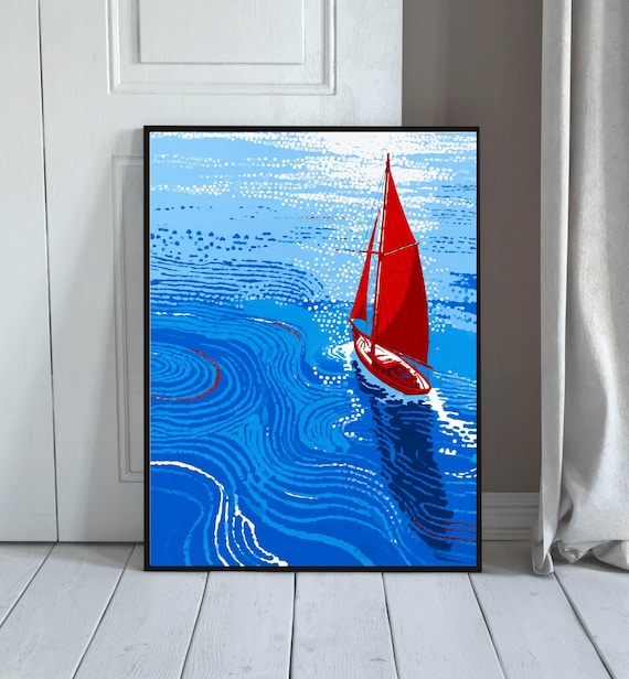 Sailboat Wall Print Retro Red Coastal Ocean Decor Nautical Seascape Poster Modern Beach House Artwork Gift