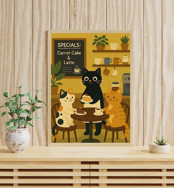 Cat Cafe Print Whimsical Shop Poster Coffee Lover Kitchen Decor Cozy Wall Art Retro Cats Drinking