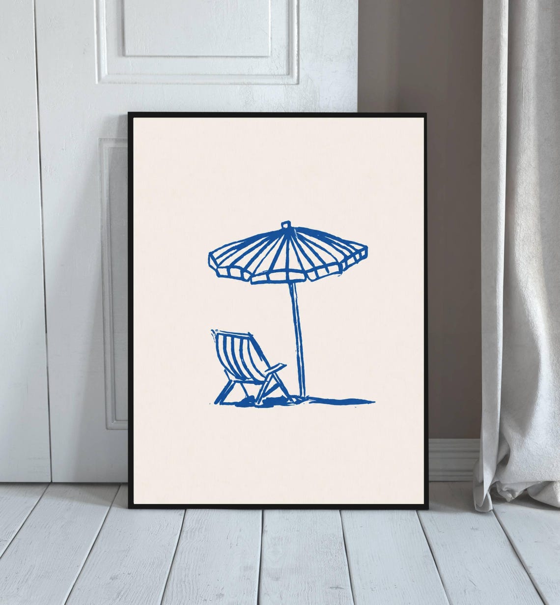 Minimalist Blue Beach Umbrella Deck Chair Line Drawing Wall Art