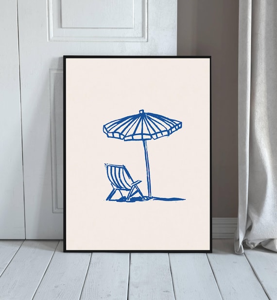 Coastal Line Drawing Wall Art Print Blue Beach Umbrella Minimalist Ocean Summer House Decor Modern Poster
