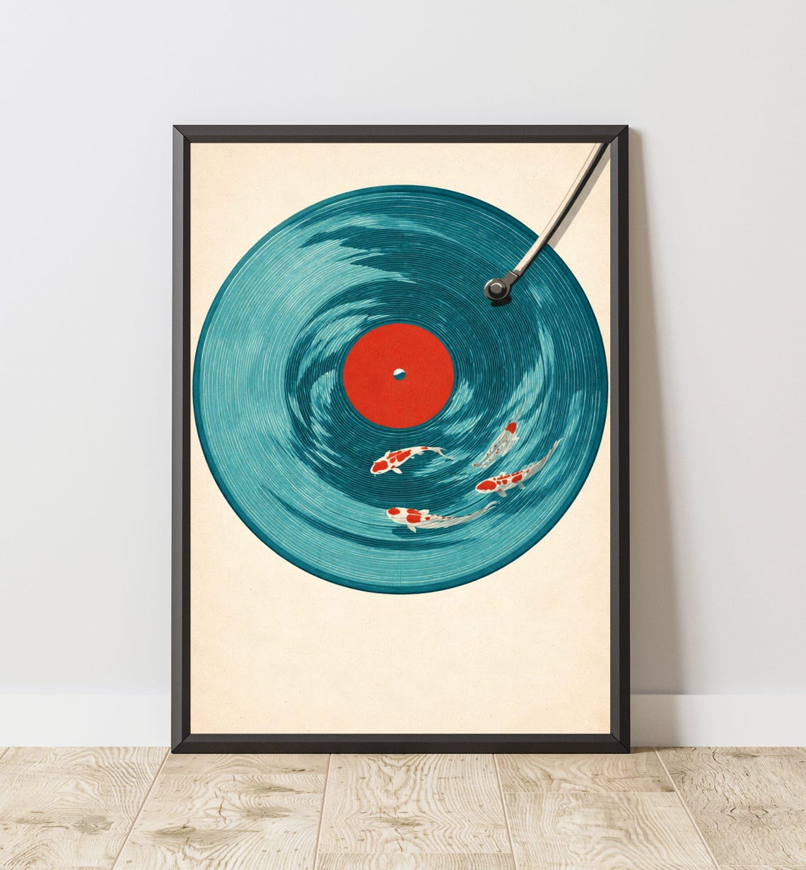 Vinyl Record With Koi Fish Swimming In The Grooves Teal Poster