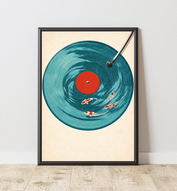 Vinyl Record Wall Art Printable Koi Fish Print Music Lover Decor Japanese Style Poster Retro Minimalist