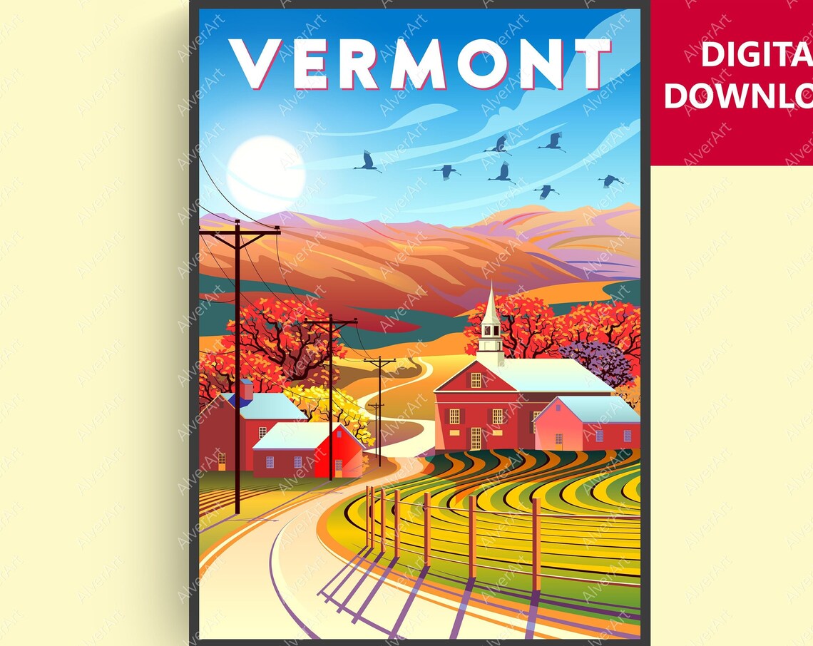 Vermont Autumn Countryside Red Barns Fall Foliage Travel Poster