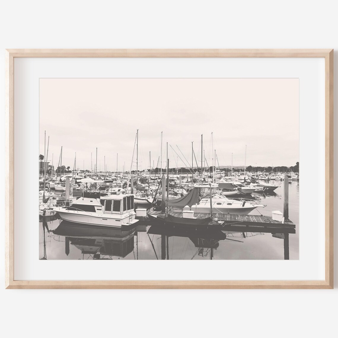 Peaceful Black and White Marina Sailboats Docked Photography Poster